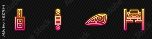 Set line Car headlight, key with remote, Shock absorber and Repair car on lift. Glowing neon icon. Vector