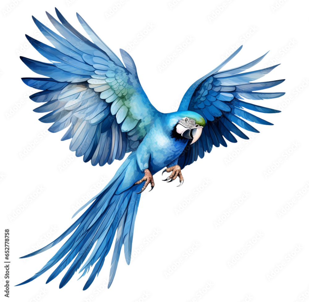 Watercolor illustration, blue macaw parrot. Generative AI, png