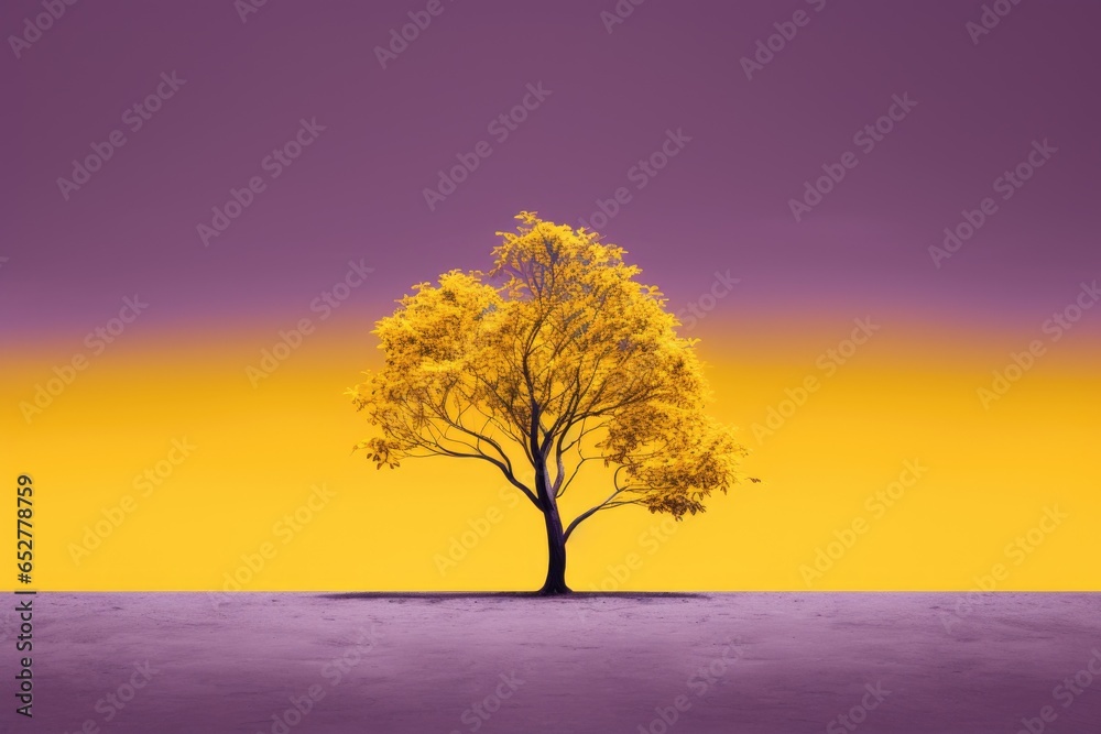 Purple and Yellow Tree Minimalism in a negative artistic space. Visual abstract metaphor. Geometric shapes with gradients.