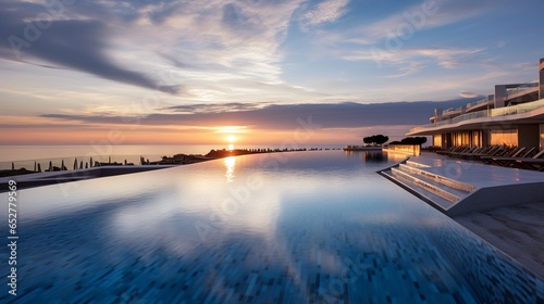 Wallpaper Mural A sublime infinity pool, nestled within a high-end hotel, flawlessly connects with the pristine beach horizon. The setting sun drapes the canvas of the sky in mesmerizing shades of orange, pink Torontodigital.ca