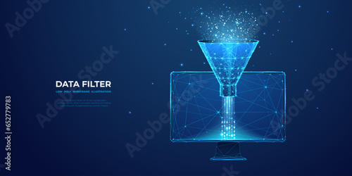 Digital Sales Funnel on Computer Monitor. Big Data Concept on Technological Background. Abstract Data Flow and Filter on the Screen. Low Poly Wireframe Vector Illustration. Starry sky polygonal style