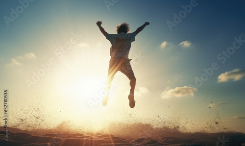 Photo of a man leaping towards the sun in a breathtaking moment of freedom and energy