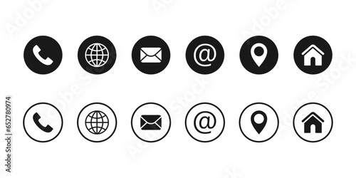 Contact and communication icon. Contact information icons, vector for business card and website. Linear and round.