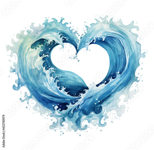 Watercolor illustration sea wave heart shape. Generative AI, png image.