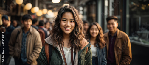 Portrait of an asian student girl with her friends on the background, education, college