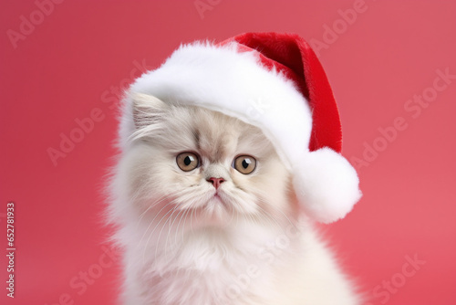 Cute Persian cat with Santa Claus Christmas hat in front of red background