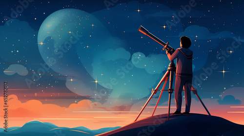 Astronomer gazing through a telescope. Starry-eyed seeker. A scientist exploring the vast cosmos, unlocking celestial secrets