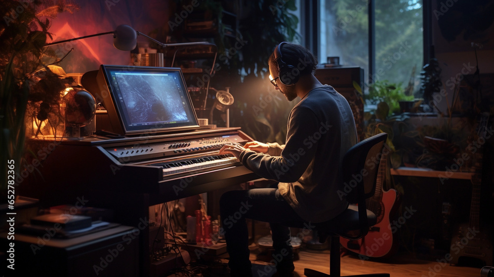 Musician composing a soulful melody. Sonic journey. An artist in a dim studio, translating emotions into notes and rhythms.