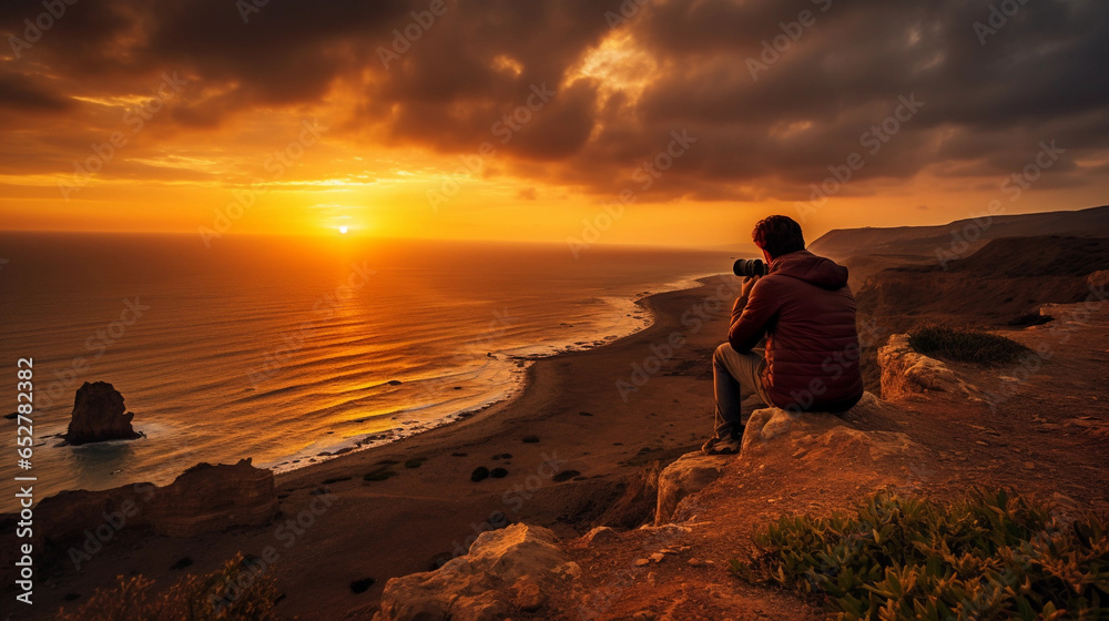 Photographer capturing a fleeting sunset. Ephemeral beauty. A lensman on a cliff, framing the golden hues and fleeting moments