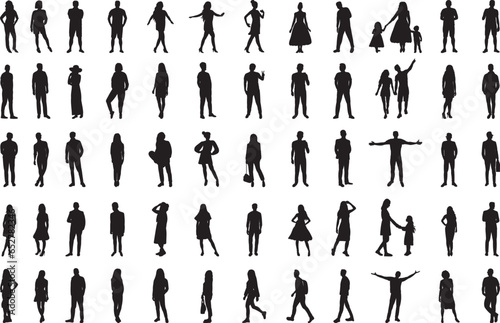 set of people, men and women silhouette on white background, vector