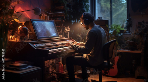 Musician composing a soulful melody. Sonic journey. An artist in a dim studio, translating emotions into notes and rhythms.