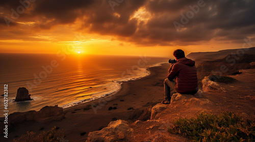 Photographer capturing a fleeting sunset. Ephemeral beauty. A lensman on a cliff  framing the golden hues and fleeting moments