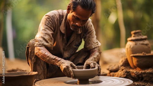 Potter shaping clay on a spinning wheel. Earth's molder. An artisan breathing life into mud, creating functional art.