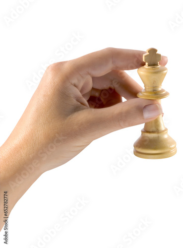 Mano con pieza de Ajedrez  sobre fondo blanco. Hand with chess piece on white background.