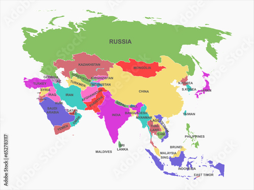 asian countries map. map of countries in the continent of asia. asia map.