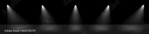 Spotlight ray stage effect. Spot light beams shine on black background to bright up scene. Scene vector illustration.