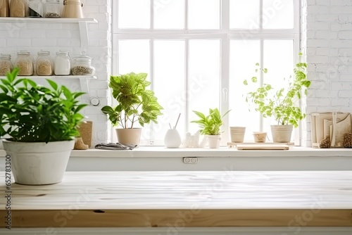 Indoor serenity. Green potted plant on table adds life to modern decor. Houseplant elegance. Stylish touch of nature in white interior. Nature corner. Fresh green on cozy windowsill photo