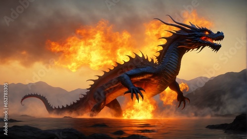 Phantasy dragon with flames at the sea. Highly detailed and realistic illustration