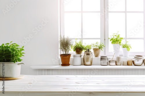 Indoor serenity. Green potted plant on table adds life to modern decor. Houseplant elegance. Stylish touch of nature in white interior. Nature corner. Fresh green on cozy windowsill