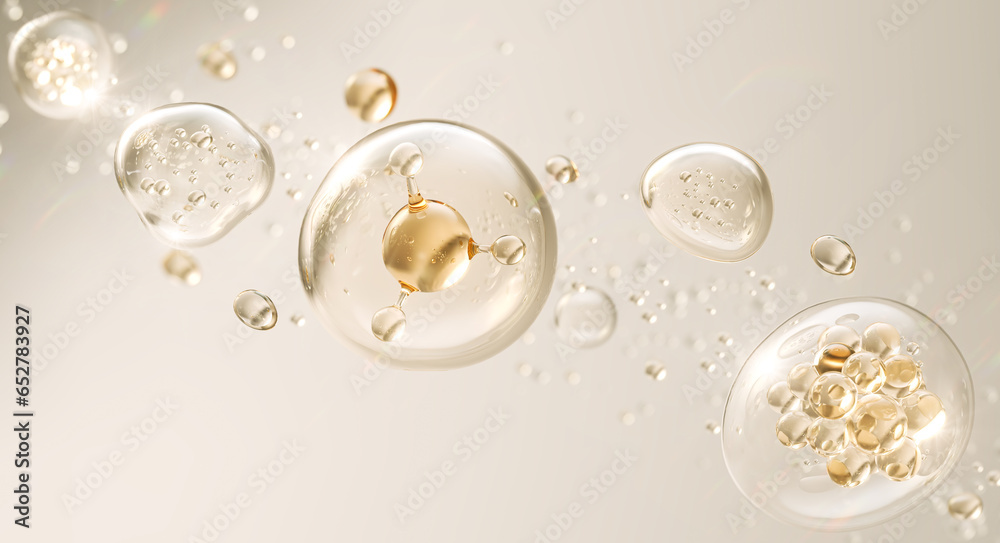 Cosmetic oil or Cosmetic Essence with molecule Liquid drop on background, 3d rendering. - obrazy, fototapety, plakaty 