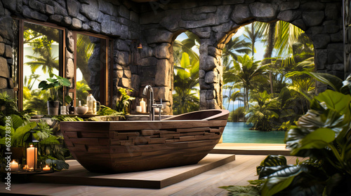 Resort-style bathroom with a sunken tub and tropical plants.