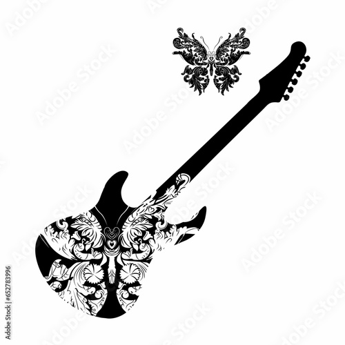 Electric guitar and butterfly silhouette t-shirt design. Glam rock poster.