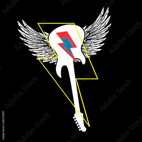 Winged guitar t-shirt design with thunderbolt symbol isolated on black. Glam rock poster.