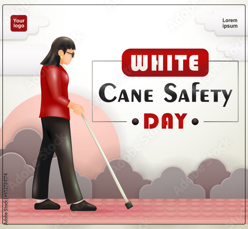 White cane safety day. Blind woman with white cane walking on sidewalk. 3d vector, suitable for education, health and events