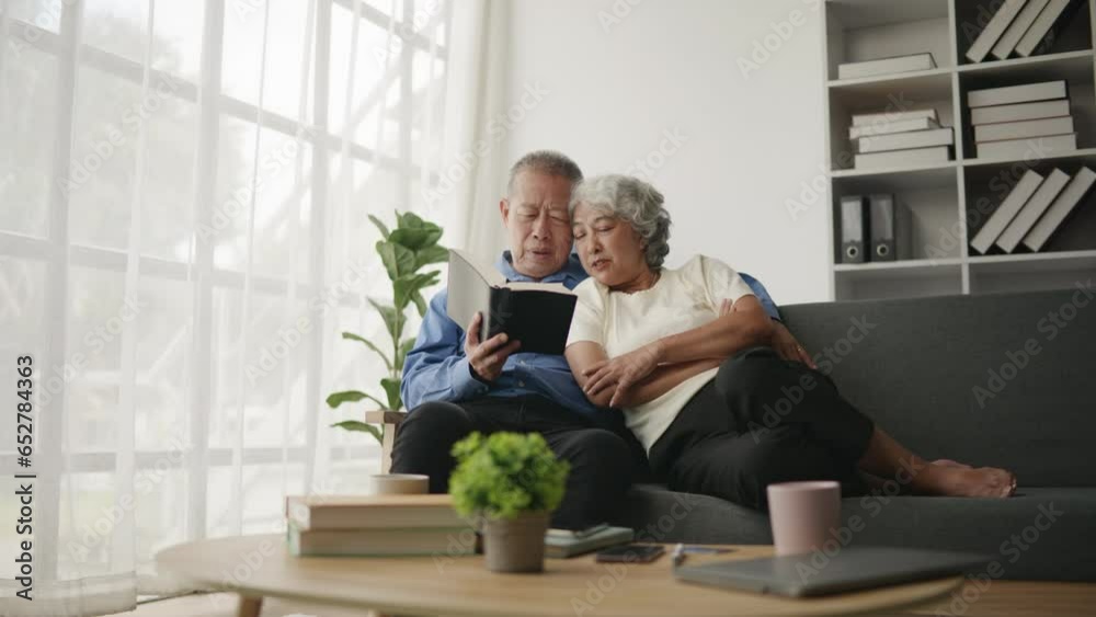 Elderly old couple lover are living together in living room to reading and writing the book with full of happiness and loves , kiss and hug. Elderly old couple lover are living together in living room to reading and writing the book with full of happiness and loves , kiss and hug.