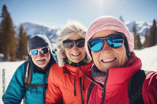 A joyful group of friends welcome winter, sharing moments of fun and togetherness on the snow-capped mountains.