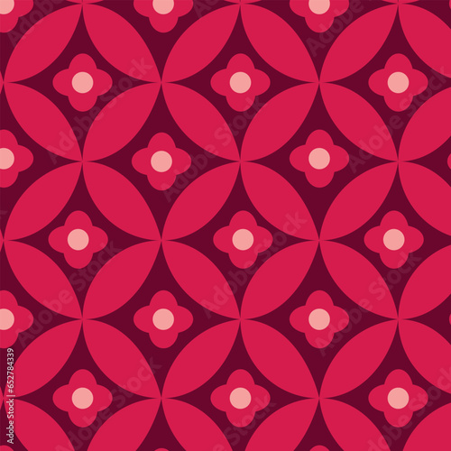 Cute retro red flowers on mid century circle leaf seamless pattern. For Christmas wrapping paper, home décor and fabric 