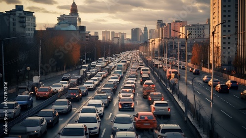 A traffic jam on a city road or avenue with a view of the city landscape.