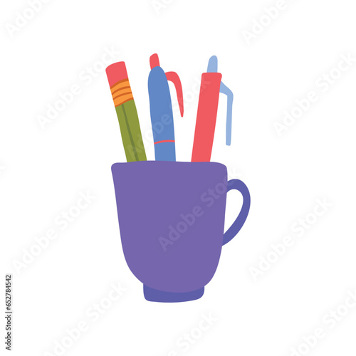 Cartoon Color Mug with Pens and Pencil Element Home Inside Interior Concept Flat Design Style. Vector illustration