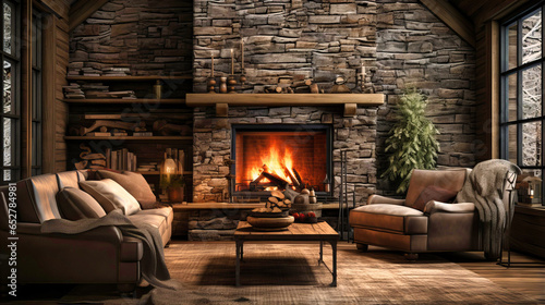 Warm and rustic living room with a stone fireplace and antler decor photo