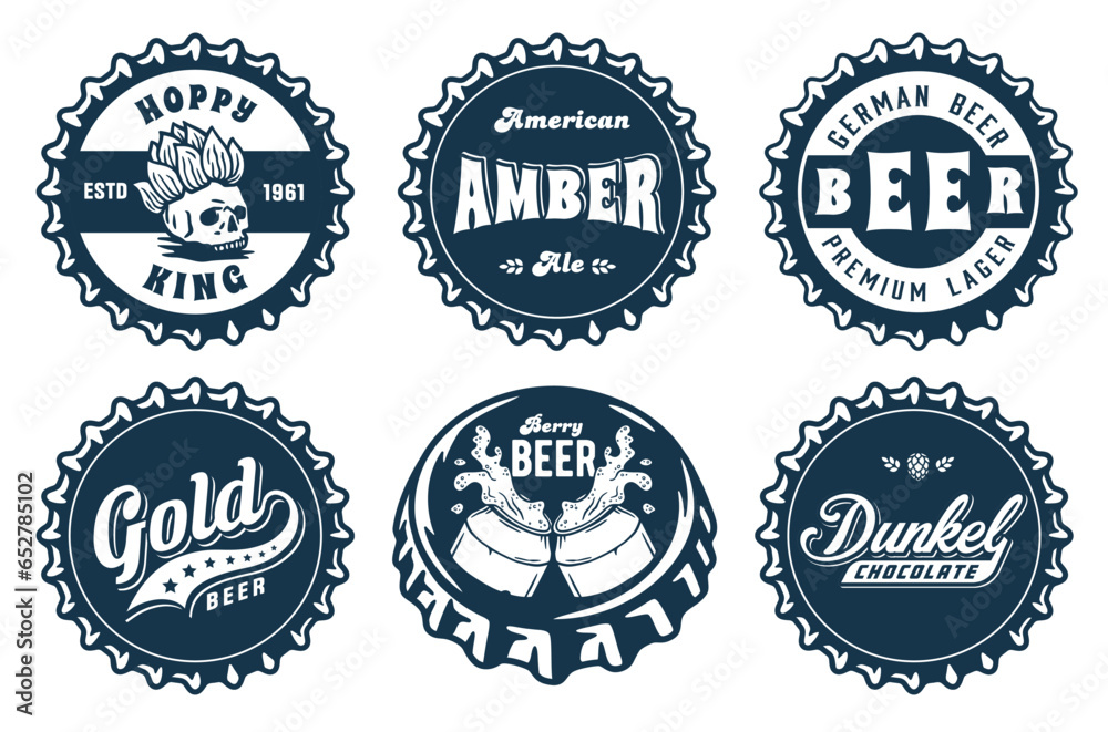 Monochrome beer cap vector set for design of brew beer in a brewery. The collection of metal corks for logos of craft brewing