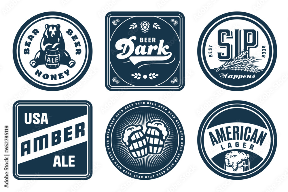 Obraz premium Monochrome beer bierdeckel vector set for design of brew beer in a brewery. The collection vintage bierdeckels for craft brewing