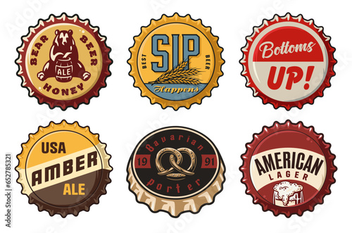 Beer cap vector set for design of brew beer in a brewery. The collection of metal corks for logos of craft brewing