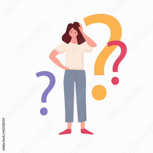 Young girl surrounded by a question mark. Vector illustration, Young woman doubts and questions everything.