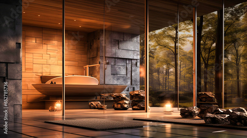 Spa-inspired bathroom with a sauna and pebbled walkway.