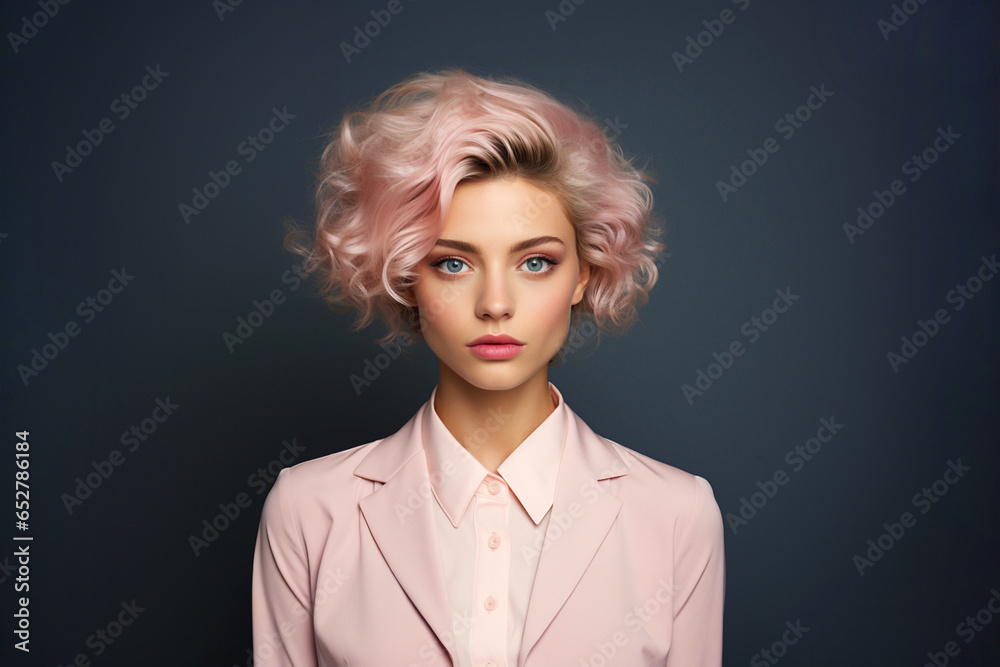 Fashion, cosmetics and makeup concept. Portrait of beautiful girl hair coloring in ultra blond with pink strands. Stylish hairstyle curls done in a beauty salon. Empty space place for text, copy paste