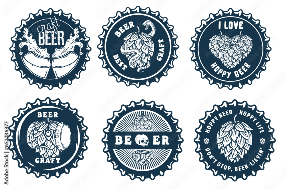 Monochrome beer cap vector set for design of brew beer in a brewery. The collection of metal corks for logos of craft brewing