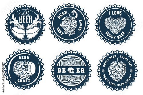 Monochrome beer cap vector set for design of brew beer in a brewery. The collection of metal corks for logos of craft brewing