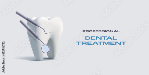 3d render illustration of a tooth with dental equipment mirror, dental treatment care banner