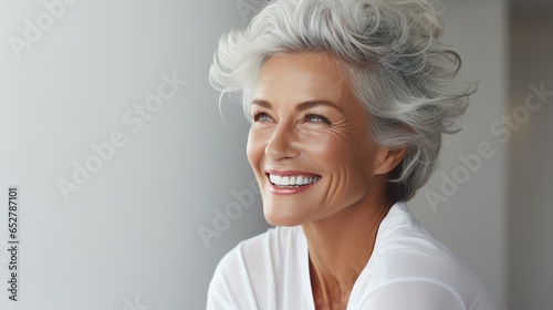 Elderly woman with gray hair is laughing and smiling, mature old lady with healthy face ans skin and white teeth photo