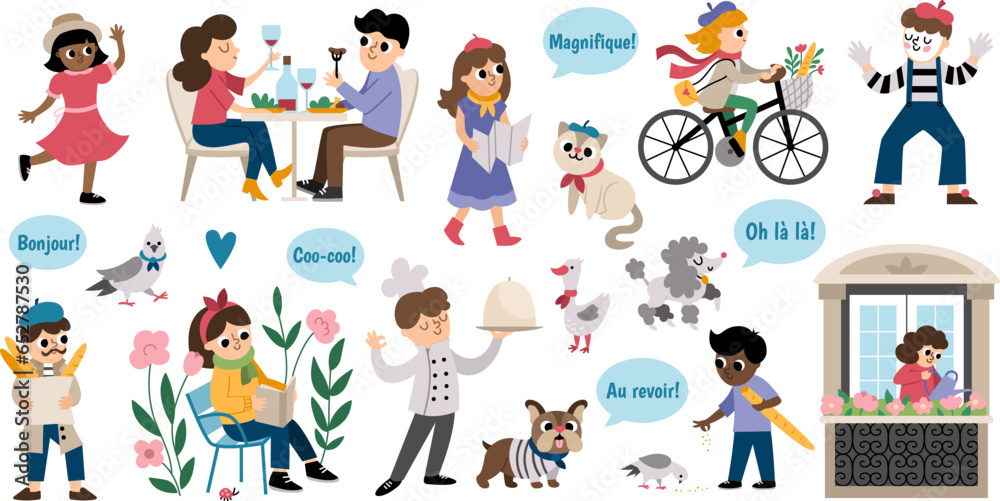 French people and animals vector set. Collection with woman reading book, cook, man with baguette, pair drinking wine, mime, girl riding a bike. Cute France icons with pigeon, goose, cat, bulldog.