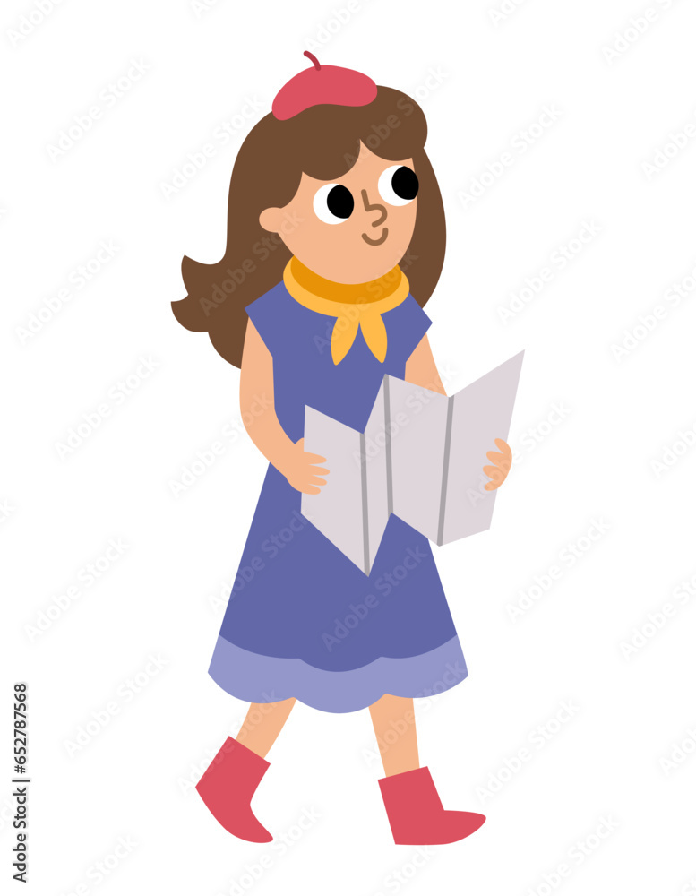 Girl in beret with map. Vector illustration of woman tourist. Cute character icon isolated on white background. Girl in beret with map. Vector illustration of woman tourist. Cute character icon isolated on white background.