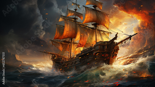 Pirate ship at the open sea at the sunset