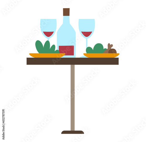 Vector flat style table with wine, glasses and dishes. Cute piece of furniture. French symbol icon isolated on white background. Restaurant dinner illustration.