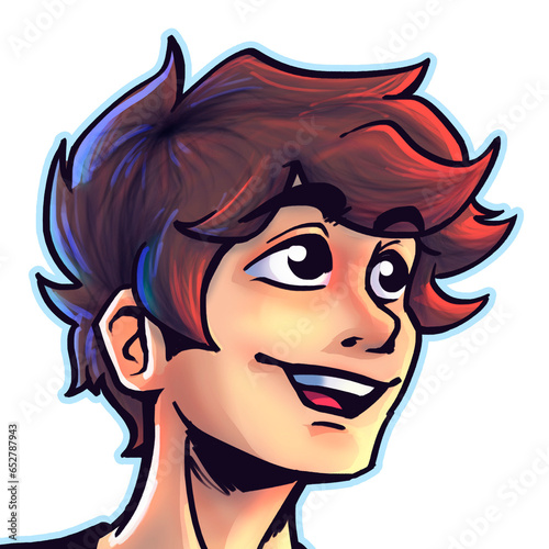 Ilustração digital estilo cartoon do rosto de um jovem garoto. Arte de foto de perfil de jovem rapaz sorrindo. Desenho fofo de ícone de perfil para garotos e meninos sorridentes sem fundo.  photo
