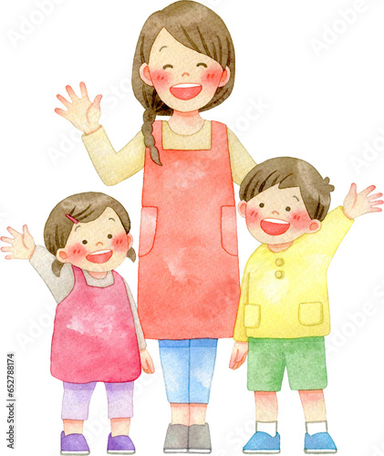 手を振る笑顔の女性保育士(保母さん)と子供たちのイラスト